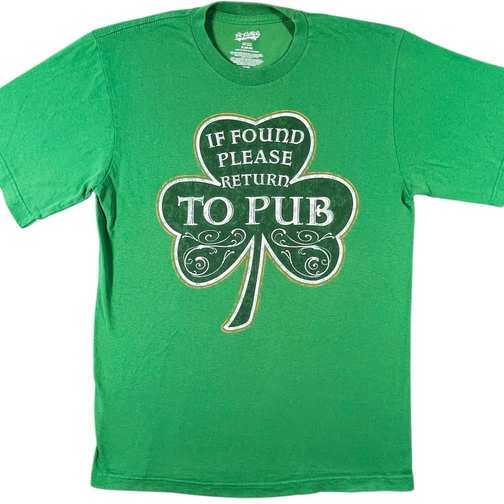 St. Patrick's Men T-Shirt Cotton Green Medium If Found Please Return To Pub‎ Tee